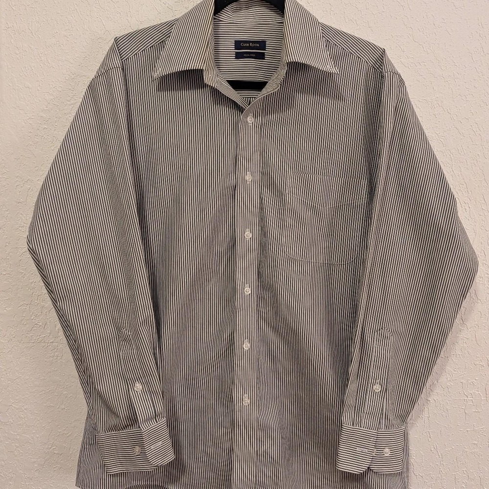 Mens Club Room Gray White Striped Button Up Shirt XL Excellent Long Sleeve Top